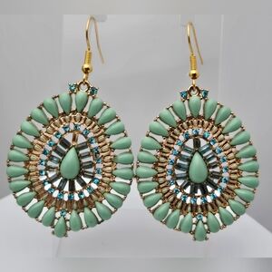 Mint Turquoise Crystal Beaded Dangle Earrings Sparkling Sage 2”